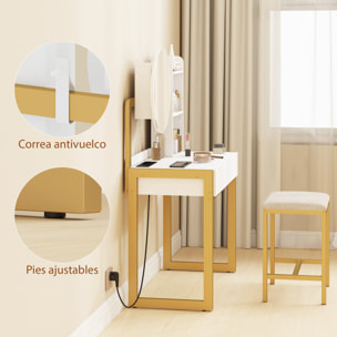 Tocador de Maquillaje con Espejo y Taburete Acolchado, Tocador con Estación de Carga, 2 Cajones, 3 Estantes Abiertos, Puerto USB, Estructura Metálica, para Dormitorio, Blanco
