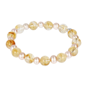 PERLAVIVA - Bracciale Elastico con Citrino Giallo e Perle d'Acqua Dolce Rosa Ø 5.5/6.5 mm