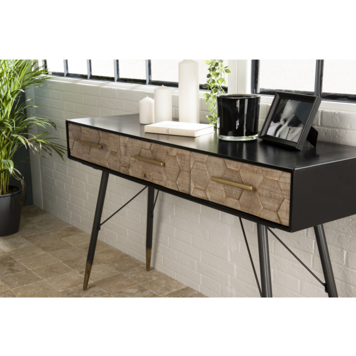 DALIE - Console noire 3 tiroirs scandi bois Sapin marqueté pieds métal doré