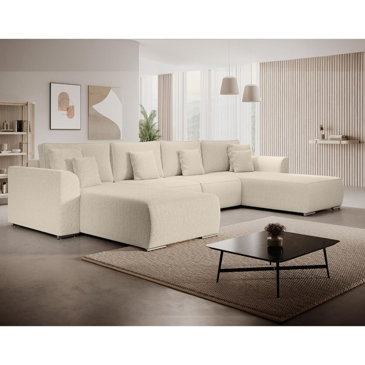 Gabriel - Canapé panoramique en U 7 places convertible avec coffre en tissu texturé - Beige
