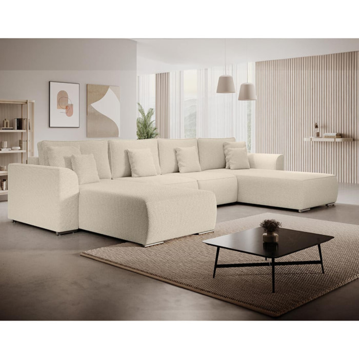 Gabriel - Canapé panoramique en U 7 places convertible avec coffre en tissu texturé - Beige
