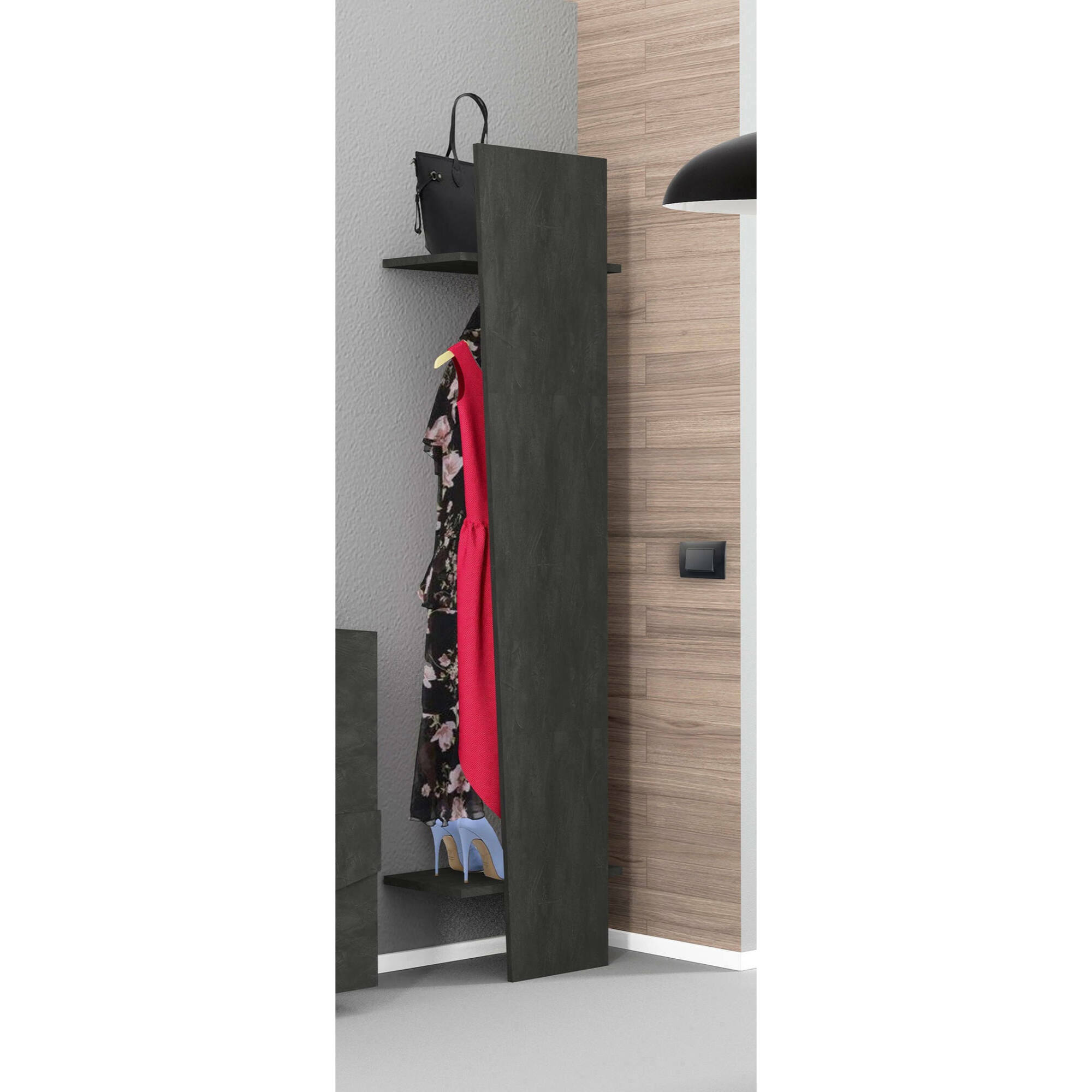 Appendiabiti verticale, Made in Italy, con tubo per vestiti, due ripiani, Mobile per ingresso, Entratina moderna, cm 50x30h200, colore Grigio Cenere