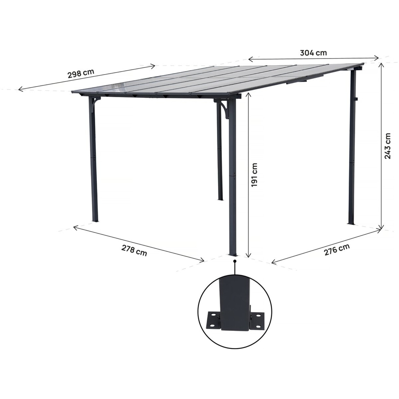 Pergola tonnelle adossée "Marvin" - 3 x 3 m - 304 x 298 x 243 cm - Gris foncé