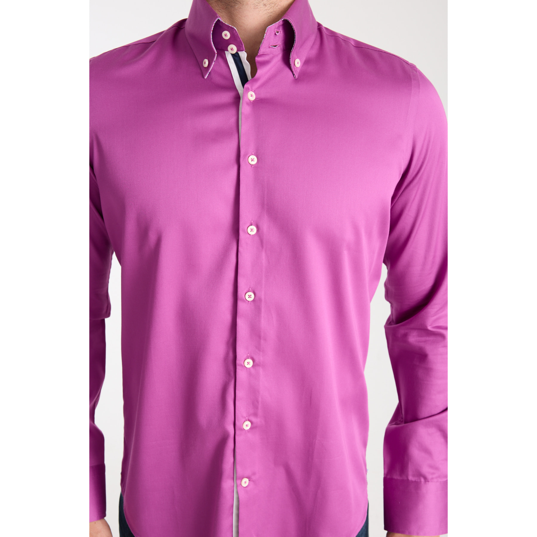 Camicia Uomo 2 Bottoni Button Down Slim Satin Unito Viola Ciclamino