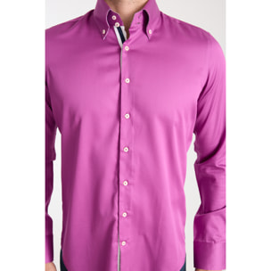 Camicia Uomo 2 Bottoni Button Down Slim Satin Unito Viola Ciclamino