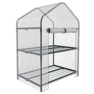 Serra A 2 Ripiani Da Giardino Per Orto Telaio In Acciaio Verniciato Telo PVC Trasparente Porta Avvolgibile Apertura A Cerniera Con ruote 69x49x125 Cm