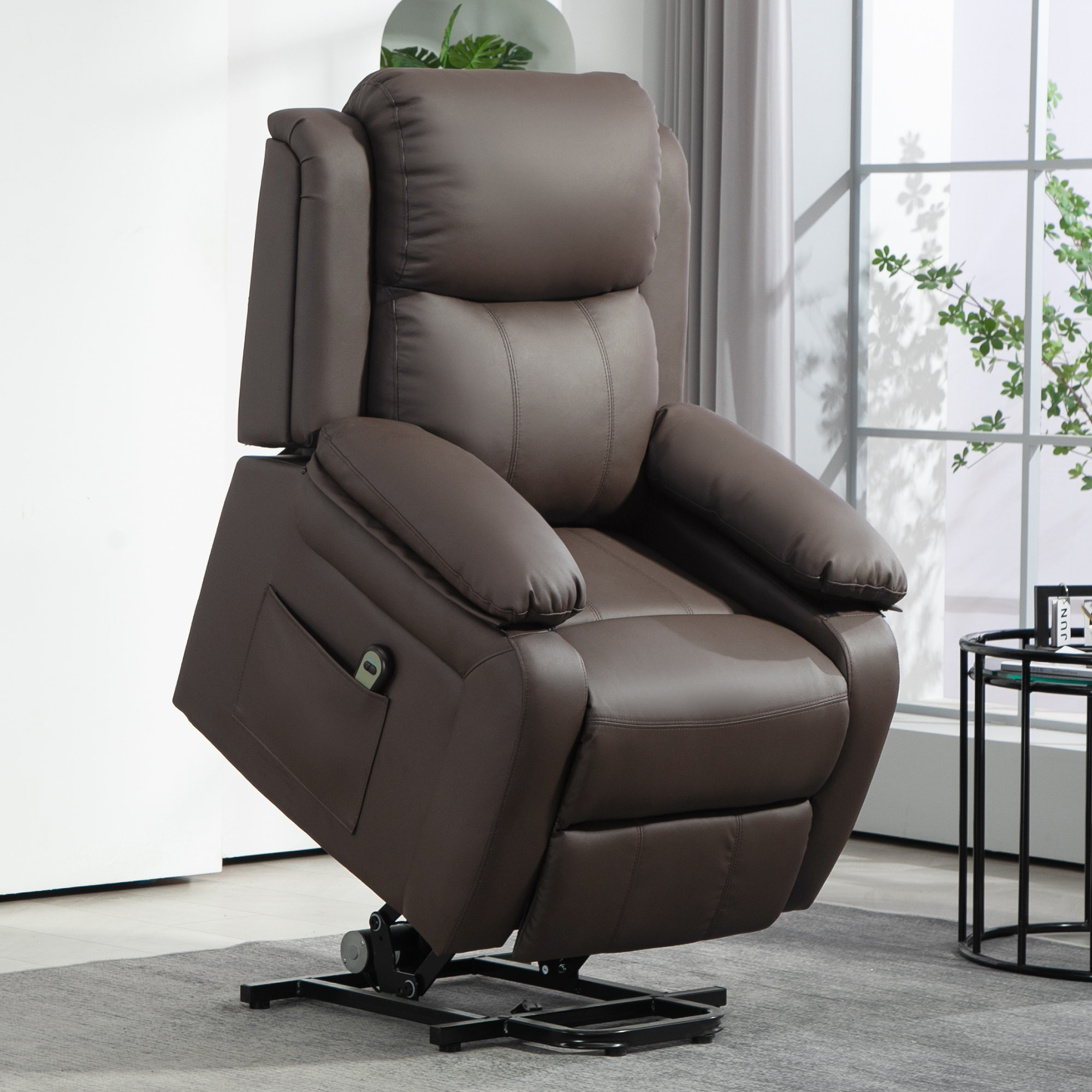 Sillón Relax Reclinable Eléctrico Levanta Personas, Sillón Elevador, con Respaldo Alto, Control Remoto, Reposapiés, Acolchado Grueso, Tapizado en PU, Bolsillos Laterales, Marrón Oscuro