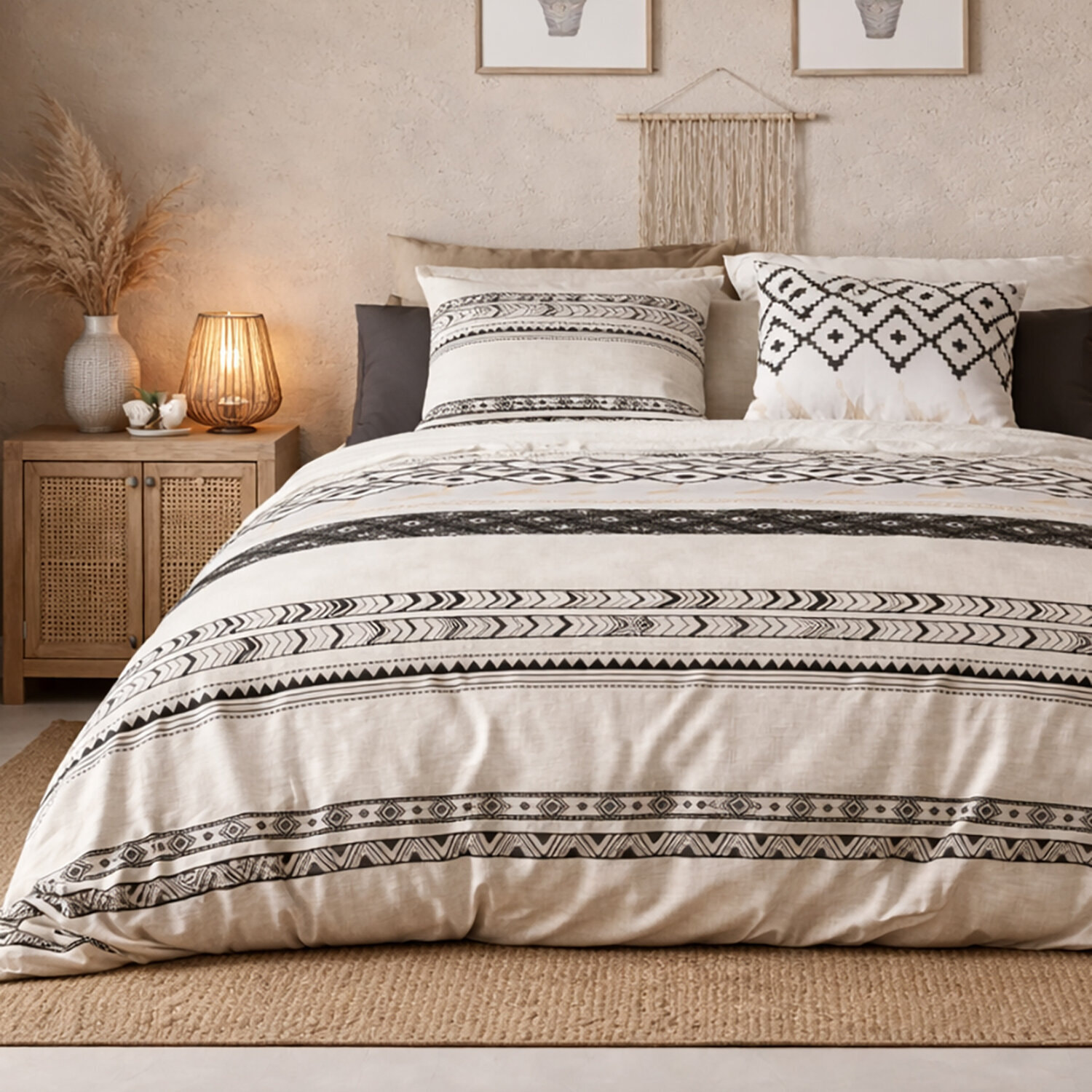 Parure housse de couette imprimé 100% coton - boheme - beige