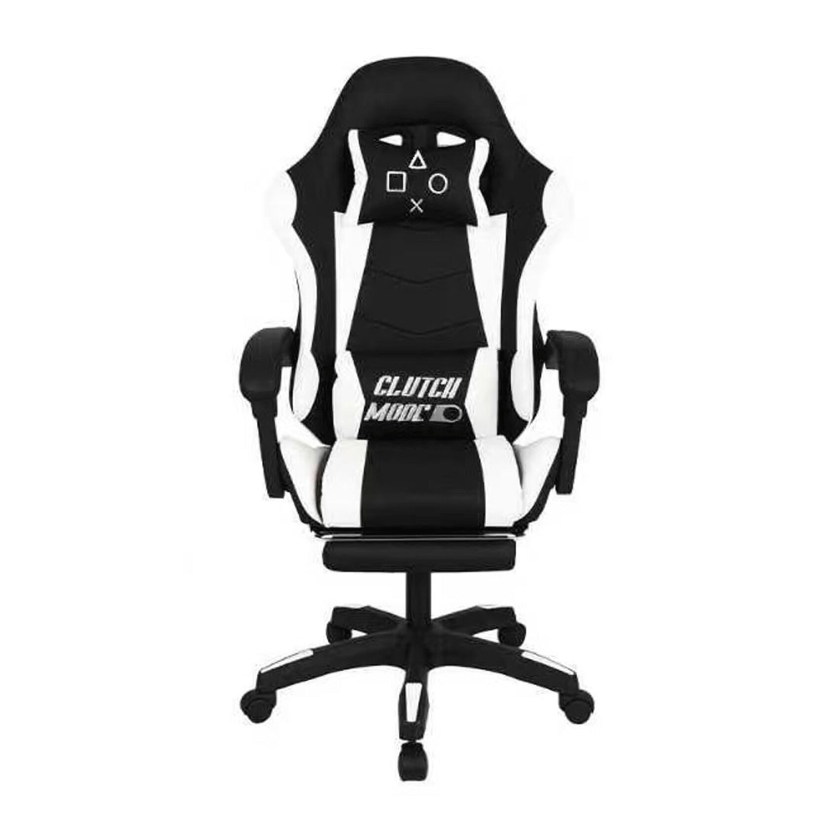 Clutch - Sedia da Gaming Ergonomica con Cuscino Lombare Poggiatesta e Poggiapiedi in PVC Nera e Bianca