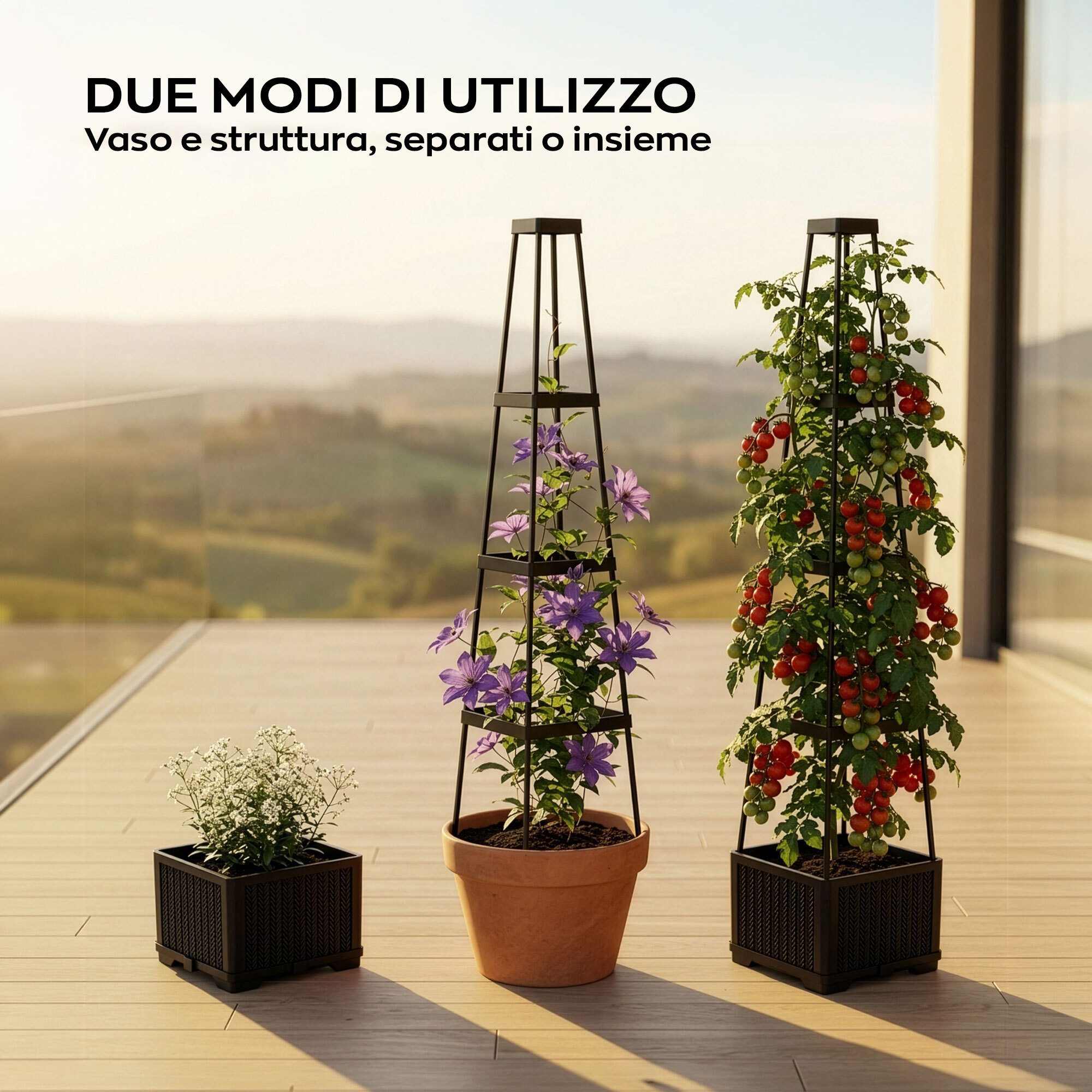 Kiri - Set 2 Vasi Fioriere per Piante di Pomodoro Rampicanti 27x 142,5 cm Autoirrigante in Plastica Nero