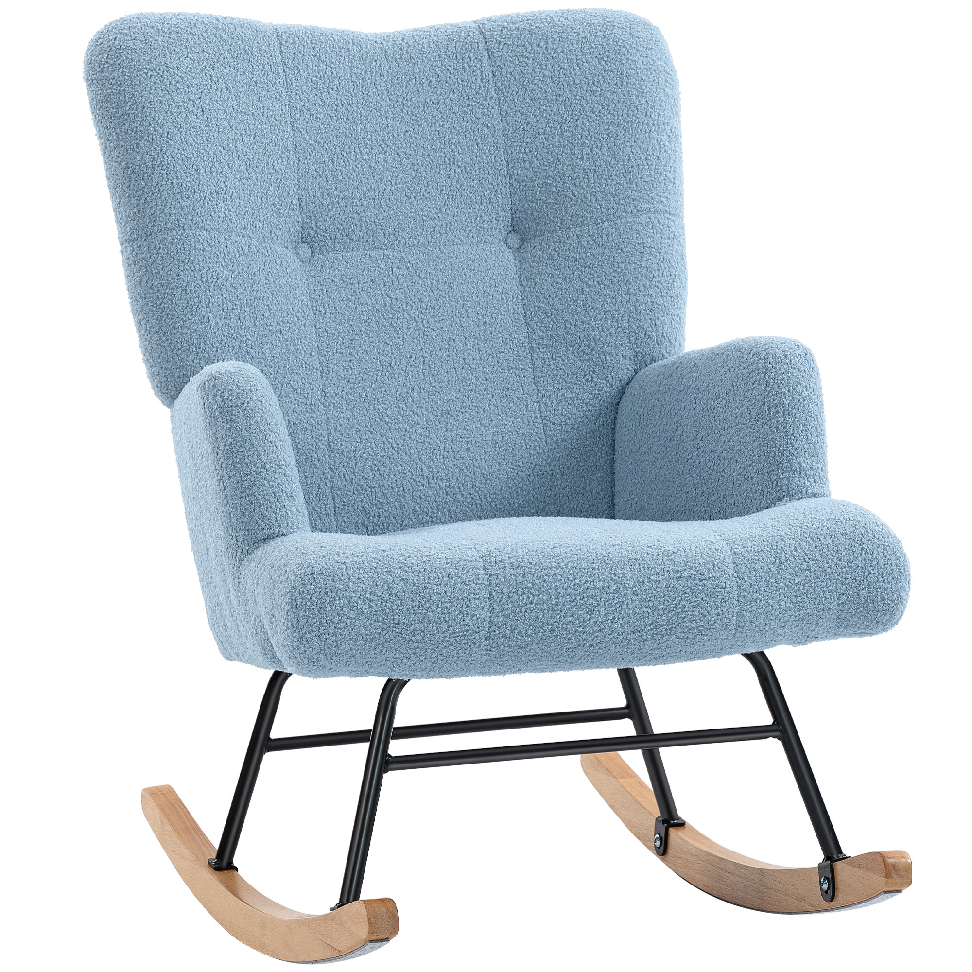 Silla Mecedora, Mecedora de Terciopelo de Teddy con Respaldo Alto, Patas de Madera de Caucho, Reposabrazos, Estilo Moderno, Sillón de Lactancia, Carga 120 kg, para Dormitorio, Salón, Azul Claro