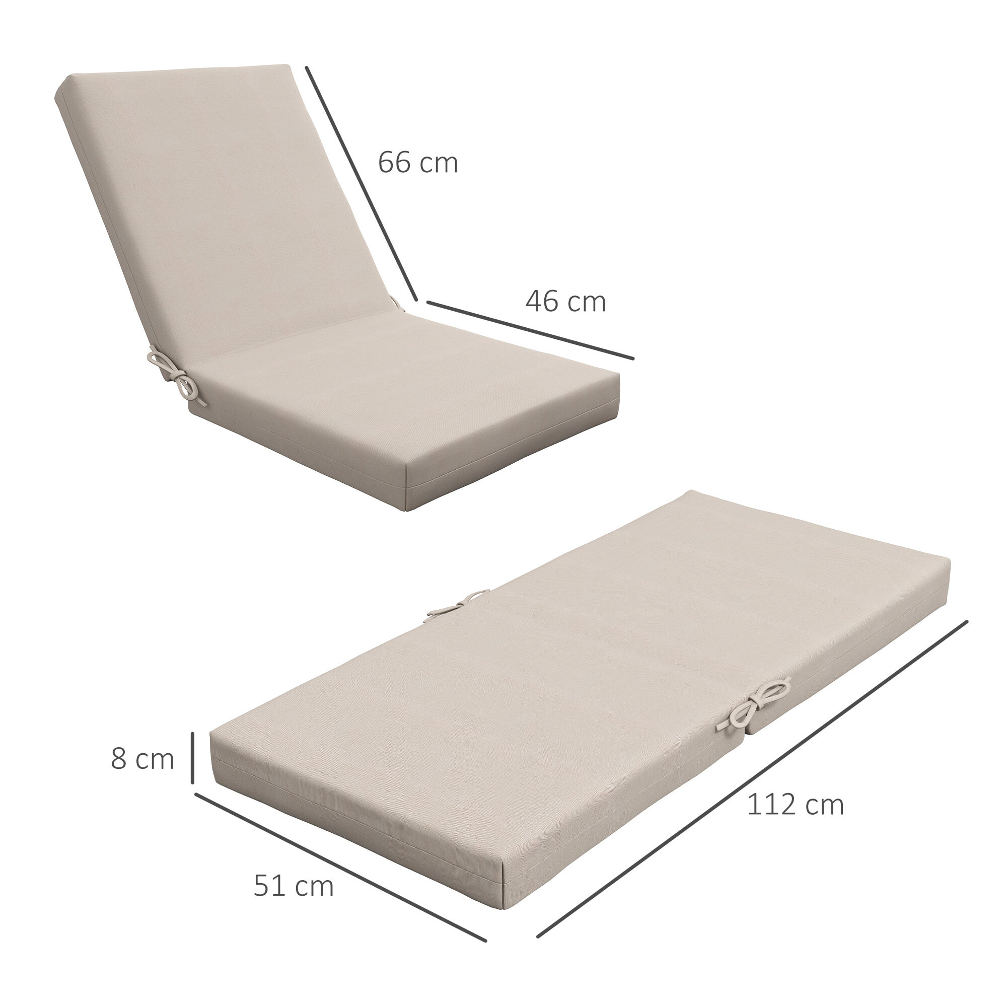 Lot de 2 coussins galettes de chaise de jardin - dim. 112L x 51l x ép. 8 cm - cordons attache - polyester déperlant beige