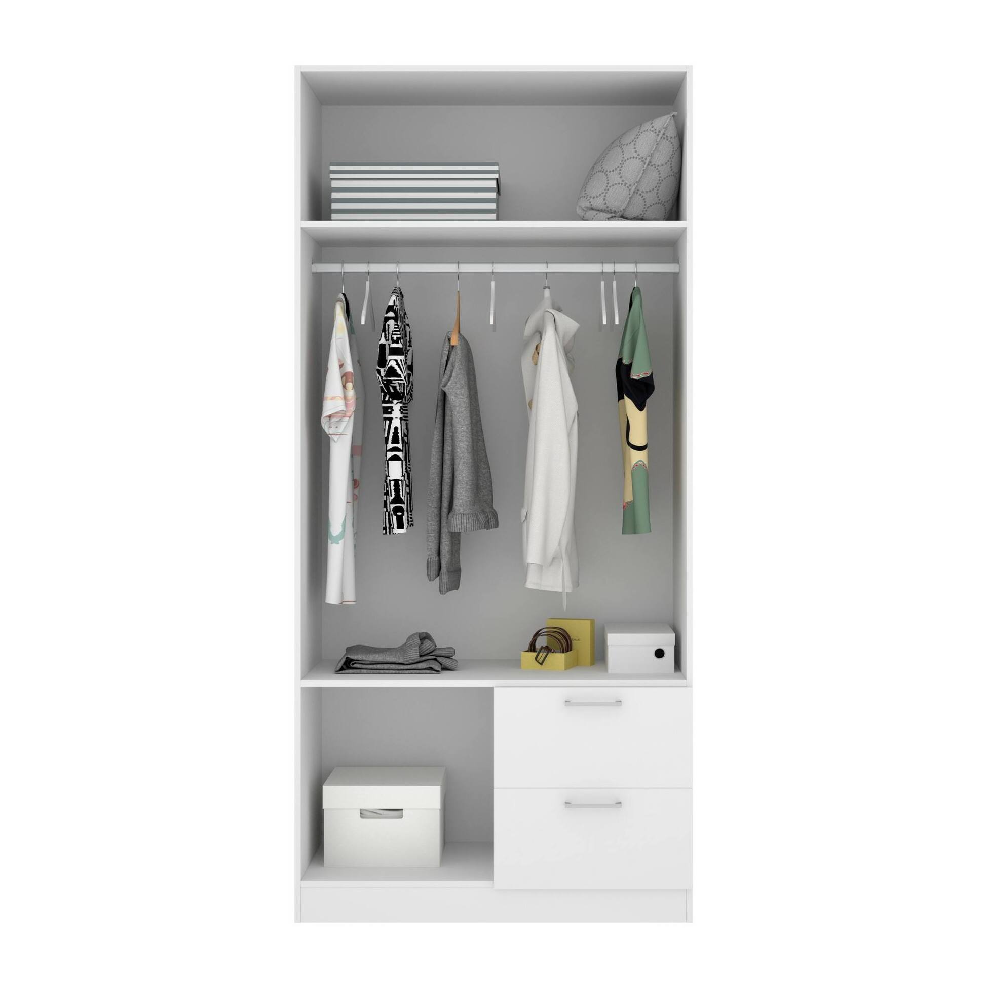 Guardaroba 2 ante Amp, Mobile appendiabiti per camera da letto, Armadio 2 cassetti, 100x52h215 cm, Bianco