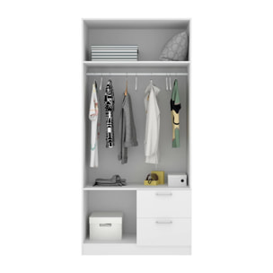 Guardaroba 2 ante Amp, Mobile appendiabiti per camera da letto, Armadio 2 cassetti, 100x52h215 cm, Bianco