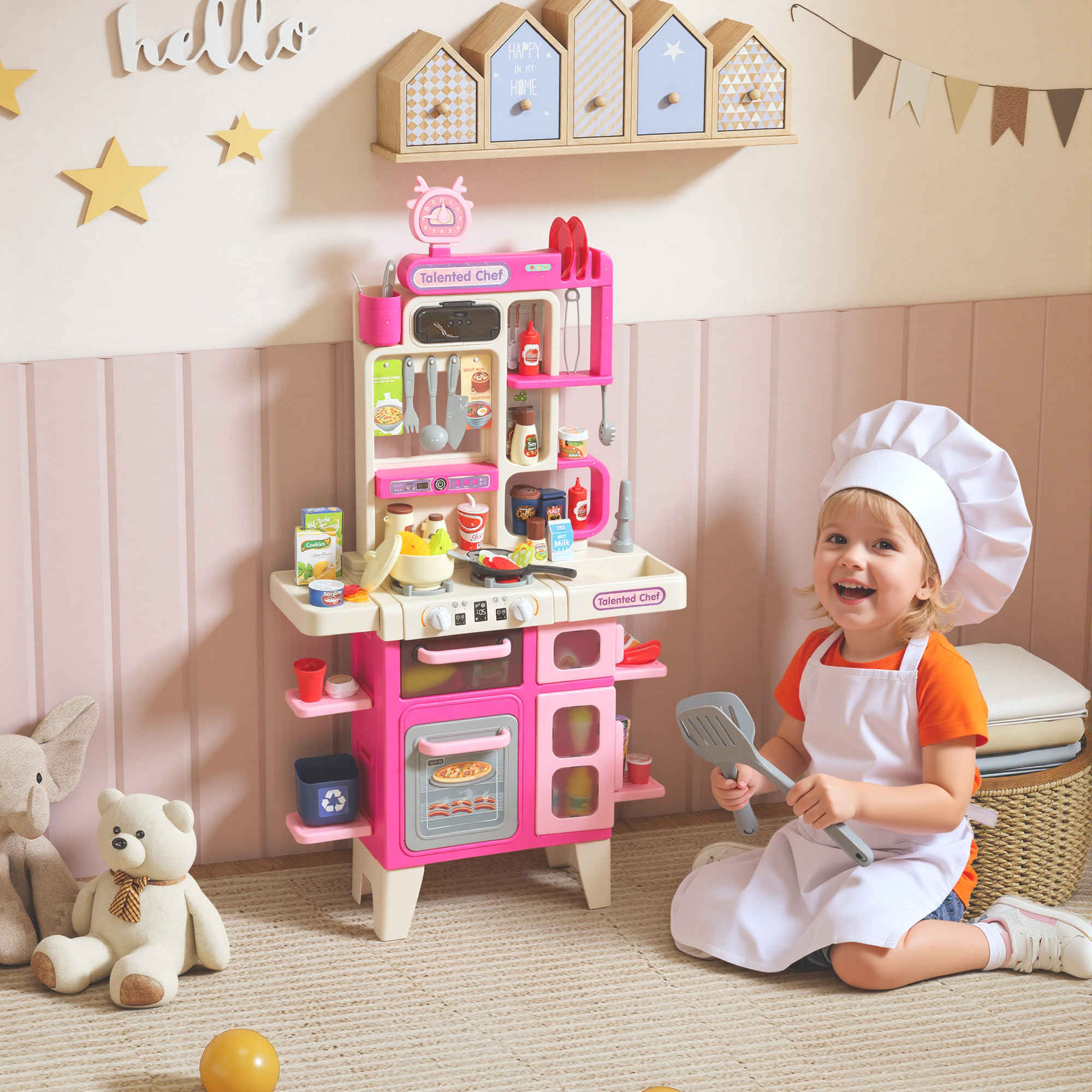 Cocina de Juguete con Luces y Sonido, Cocinita Infantil con Accesorios, Fregadero, Ollas, Utensilios y Alimentos Falsos, Juguetes para Niños a Partir de 3 Años, 52,5x22x100 cm, Rosa