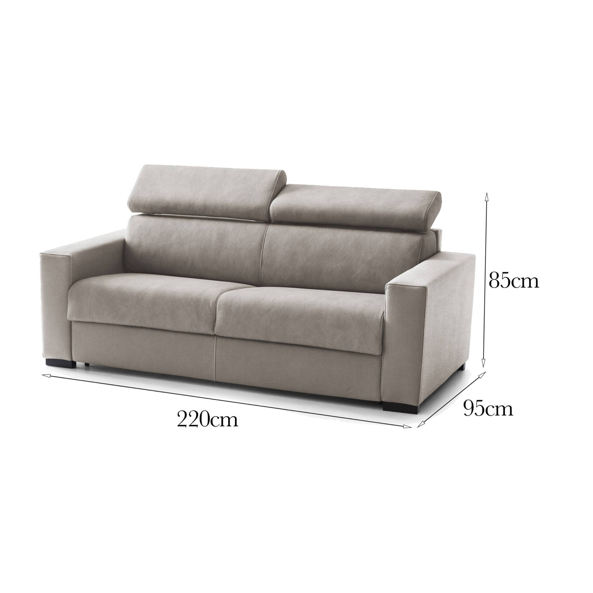 Divano fisso Susanna, Divano a 3 posti, 100% Made in Italy, Sofà Soggiorno, in tessuto imbottito, con poggiatesta regolabili e Braccioli slim, Cm 220x95h85, Tortora