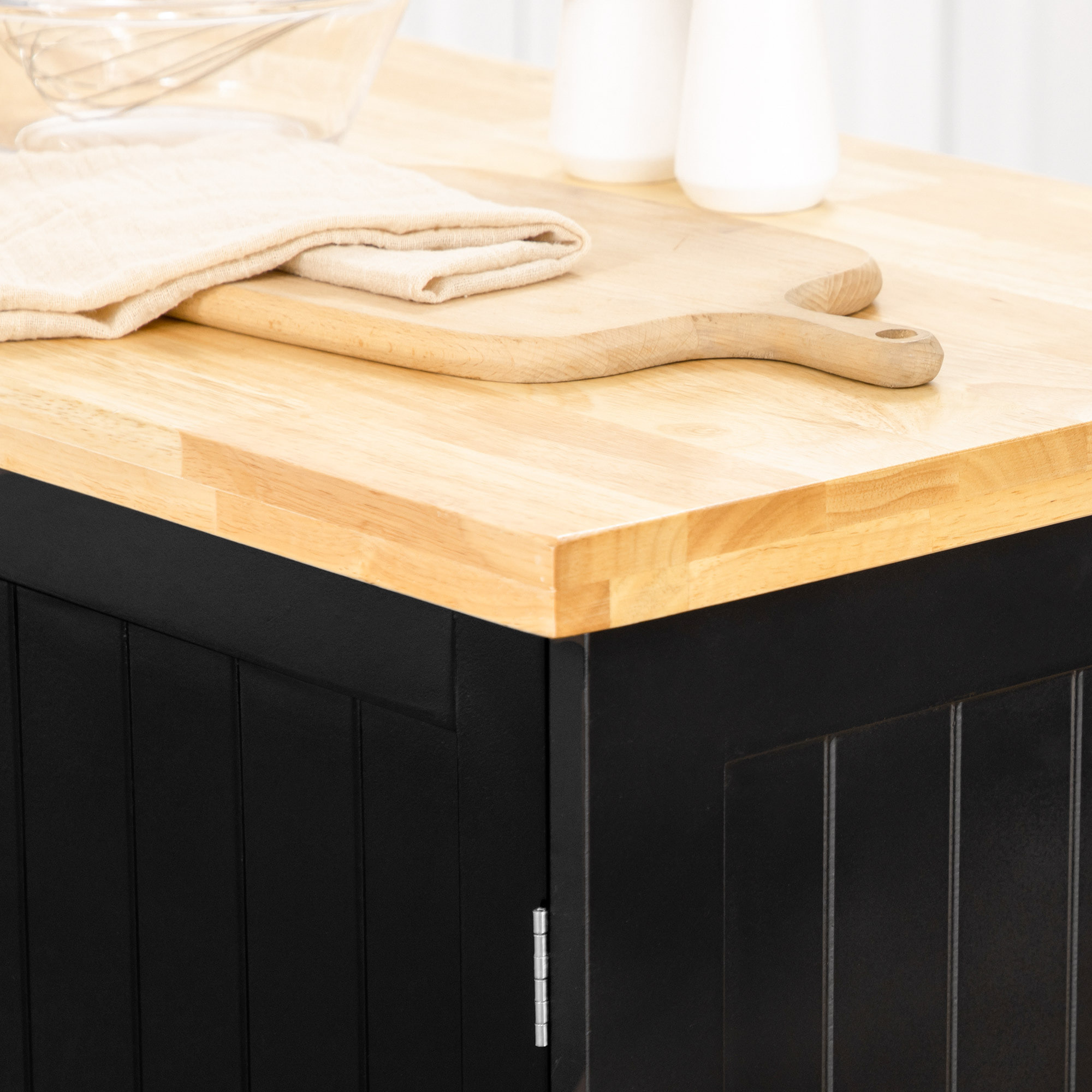 Desserte de cuisine multi rangement tiroir 3 portes avec étagère porte-torchons MDF noir hévéa