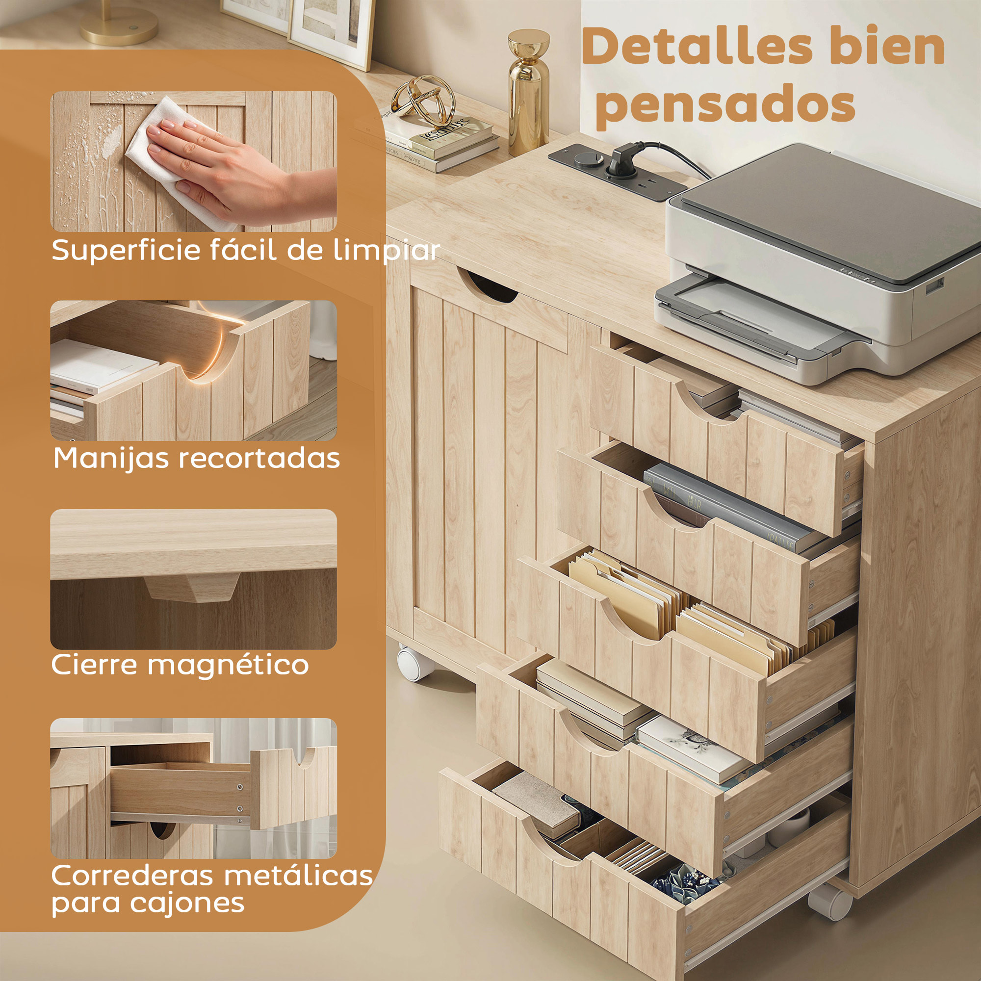 Mueble para Impresora con Estación de Carga y Ruedas, Soporte para Impresora con 5 Cajones, Puertos USB, Estante Ajustable para Oficina en Casa, Natural