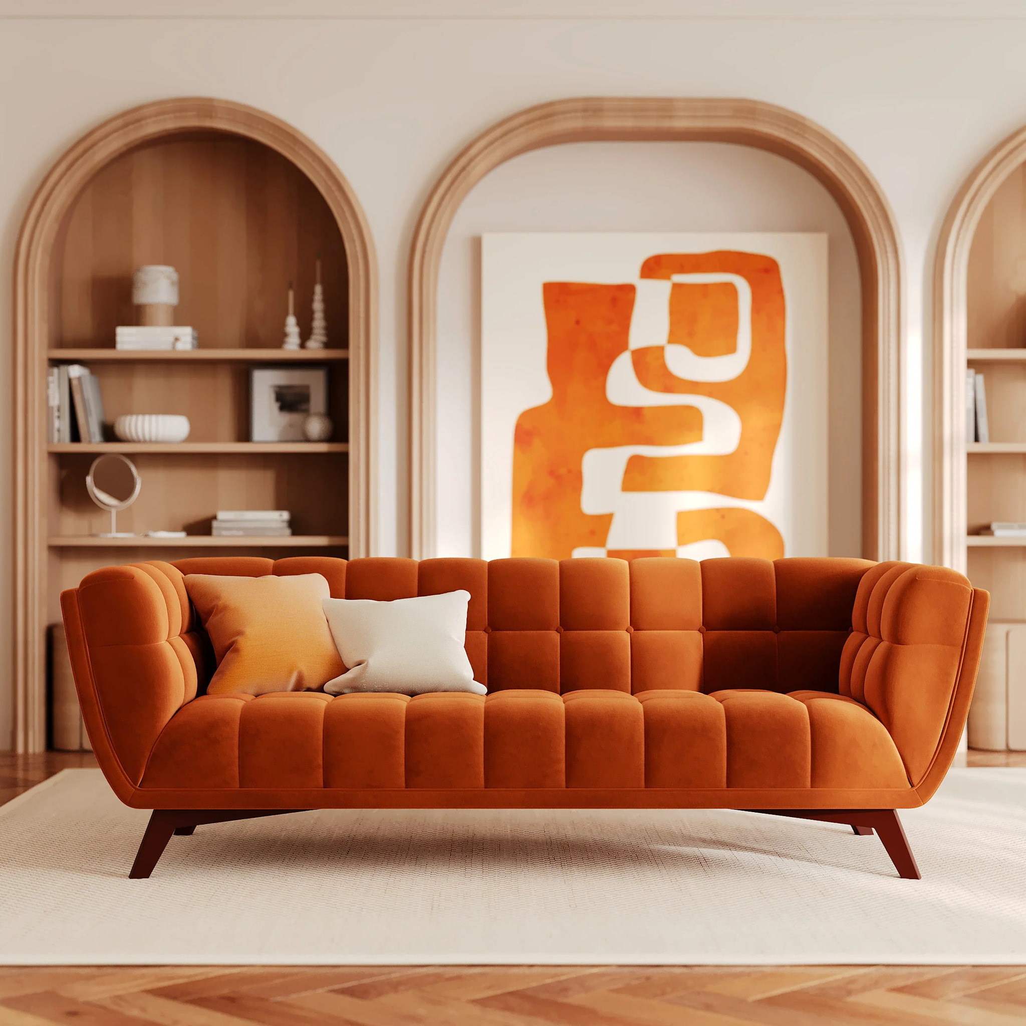 Canapé 3 places en velours orange curcuma - Mona