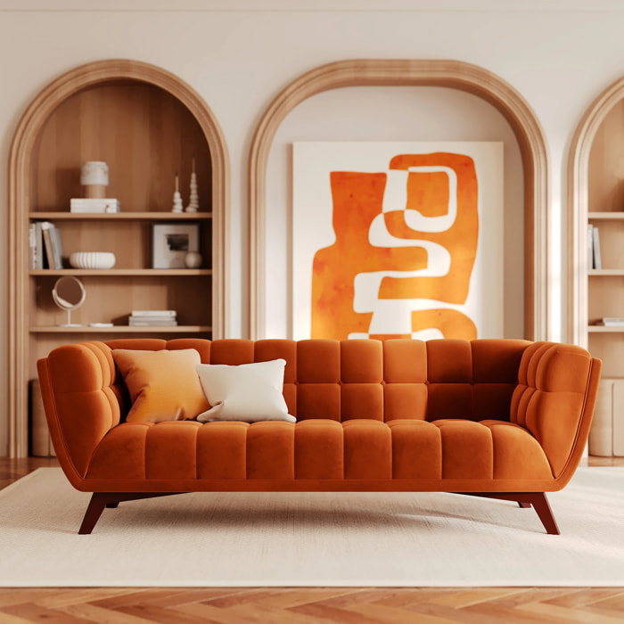 Canapé 3 places en velours orange curcuma - Mona