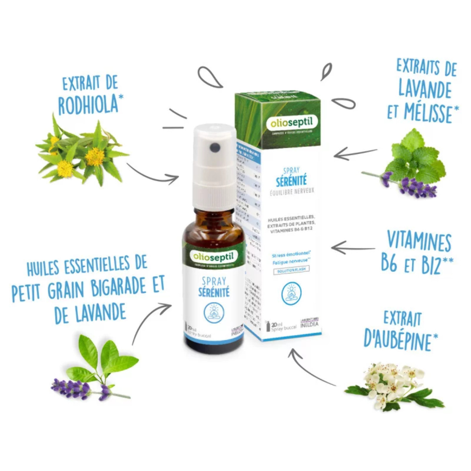 OLIOSEPTIL – Spray Sérénité – Complément alimentaire - Extraits de plantes, huiles essentielles & vitamines – Aide l'organisme à s'adapter à la fatigue nerveuse, stress émotionnel – Spray buccal 20ml