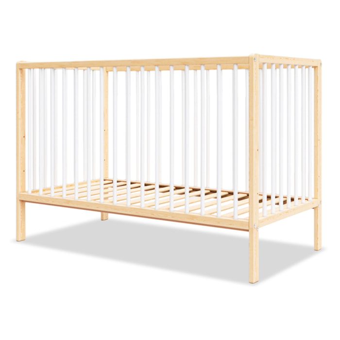 Lit Bébé Évolutif Mathis 60x120 cm, Couleur Bois Naturel & Blanc, Sommier Réglable 3 Hauteurs, Barreaux Amovibles, Lit Bébé Bois Massif