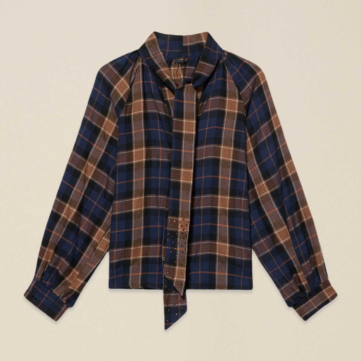 Oltre - Blusa check con fiocco - Marrone