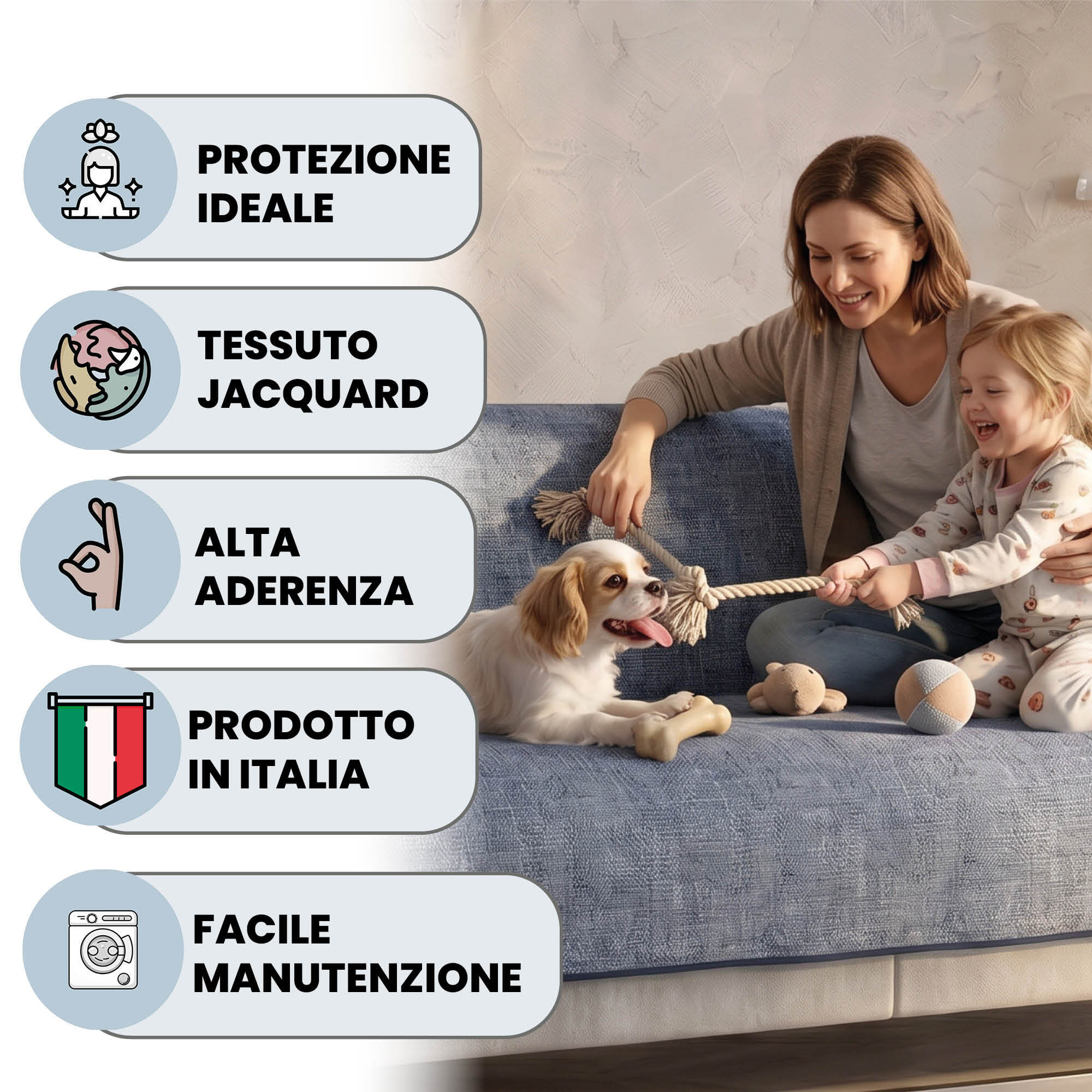 COPRIDIVANO COMFORT, Antiscivolo, Cotone+Microfibra+Fibre Varie, Made in Italy - BLU SCURO