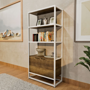 Edo - Scaffale Libreria a Muro 76x162,5x33,5 cm 3 Ripiani con Mobiletto 2 Ante in Legno Oak Struttura in Metallo Bianco