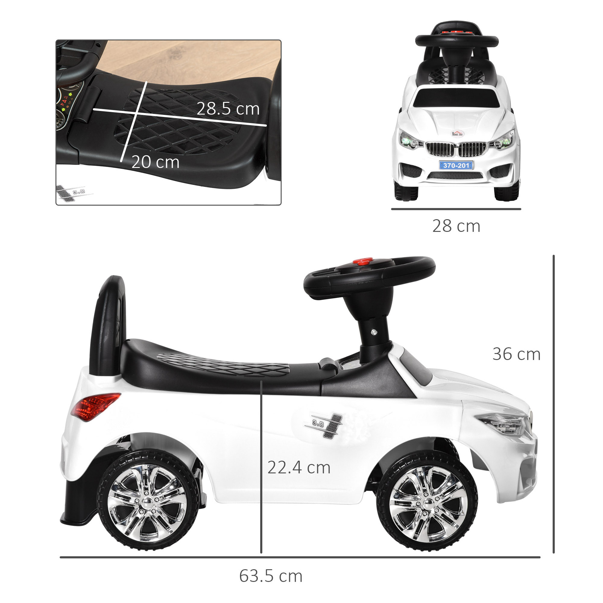 HOMCOM Macchinina per Bambini Cavalcabile con Volante, Fari e Musiche, Età 18-36 Mesi, Bianco