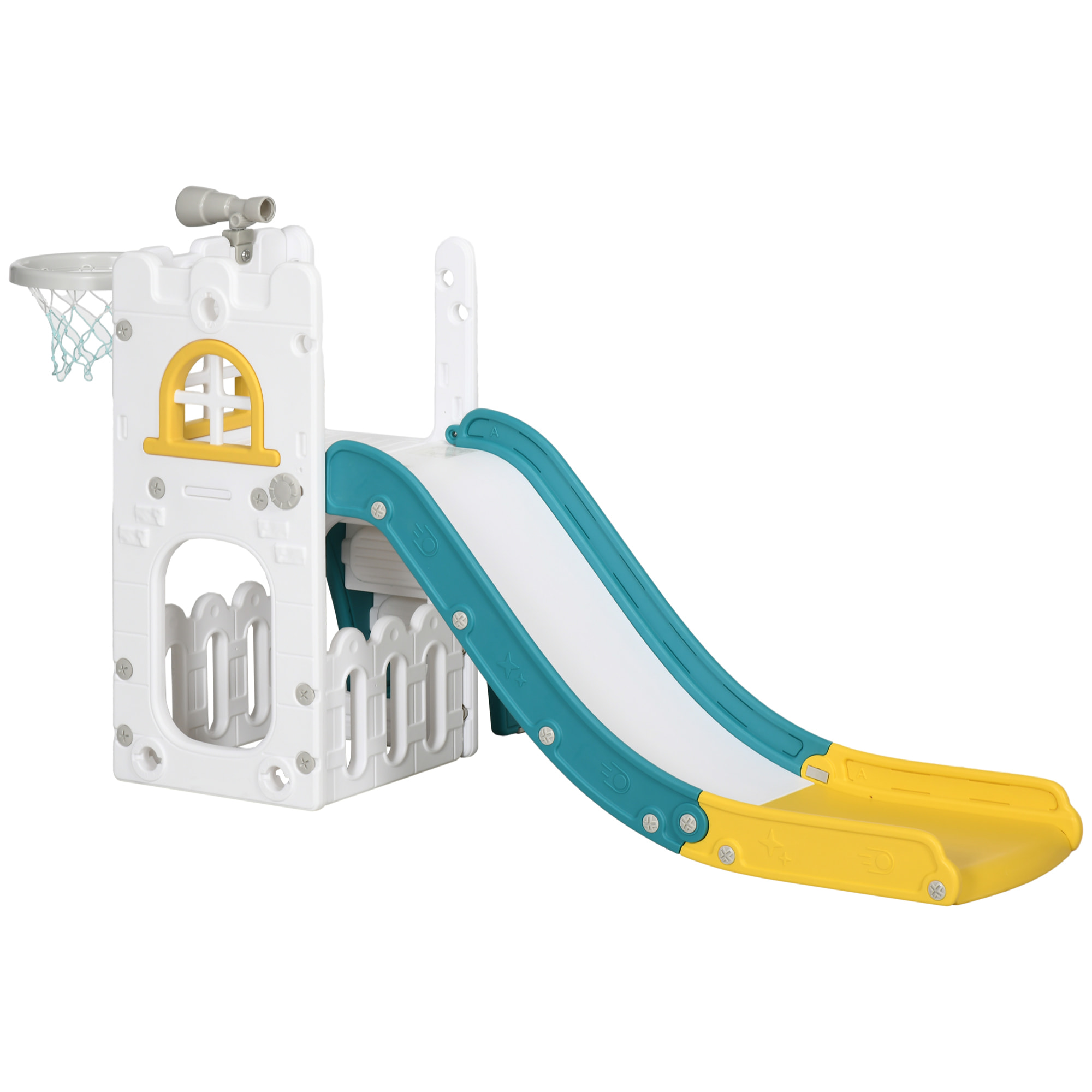 Toboggan pour enfant multifonction - télescope, panier basketball, espace rangement - HDPE blanc vert turquoise
