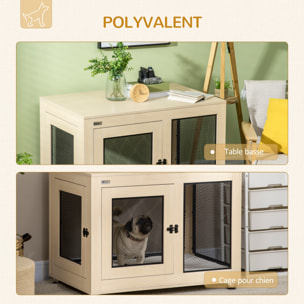 Cage pour chien sur pied style industriel - 2 portes verrouillables, coussin inclus - acier maillé noir panneaux aspect bois clair