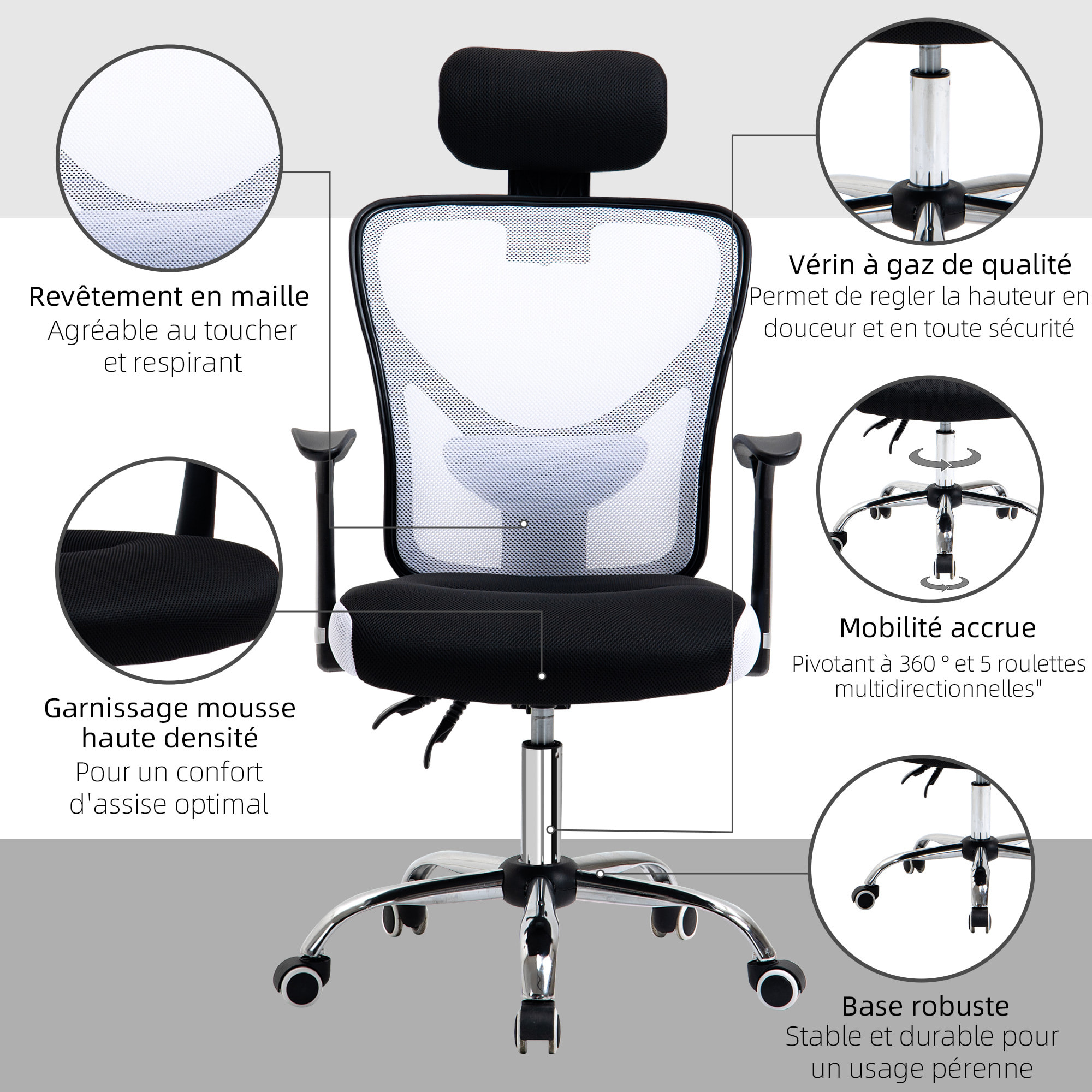 Vinsetto Chaise de bureau manager grand confort réglable dossier inclinable piètement chromé tissu maille polyester blanc noir