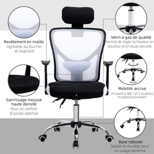 Vinsetto Chaise de bureau manager grand confort réglable dossier inclinable piètement chromé tissu maille polyester blanc noir