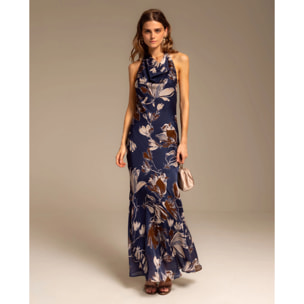 Vestido Largo Floral con Escote Halter Drapeado