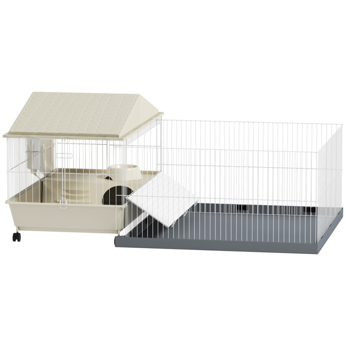 Jaula para Animales Pequeños con Corral Desmontable Jaula para Roedores con Ruedas Rampas Cuenco Botella de Agua y Dispensador de Heno 108x71x57 cm Beige