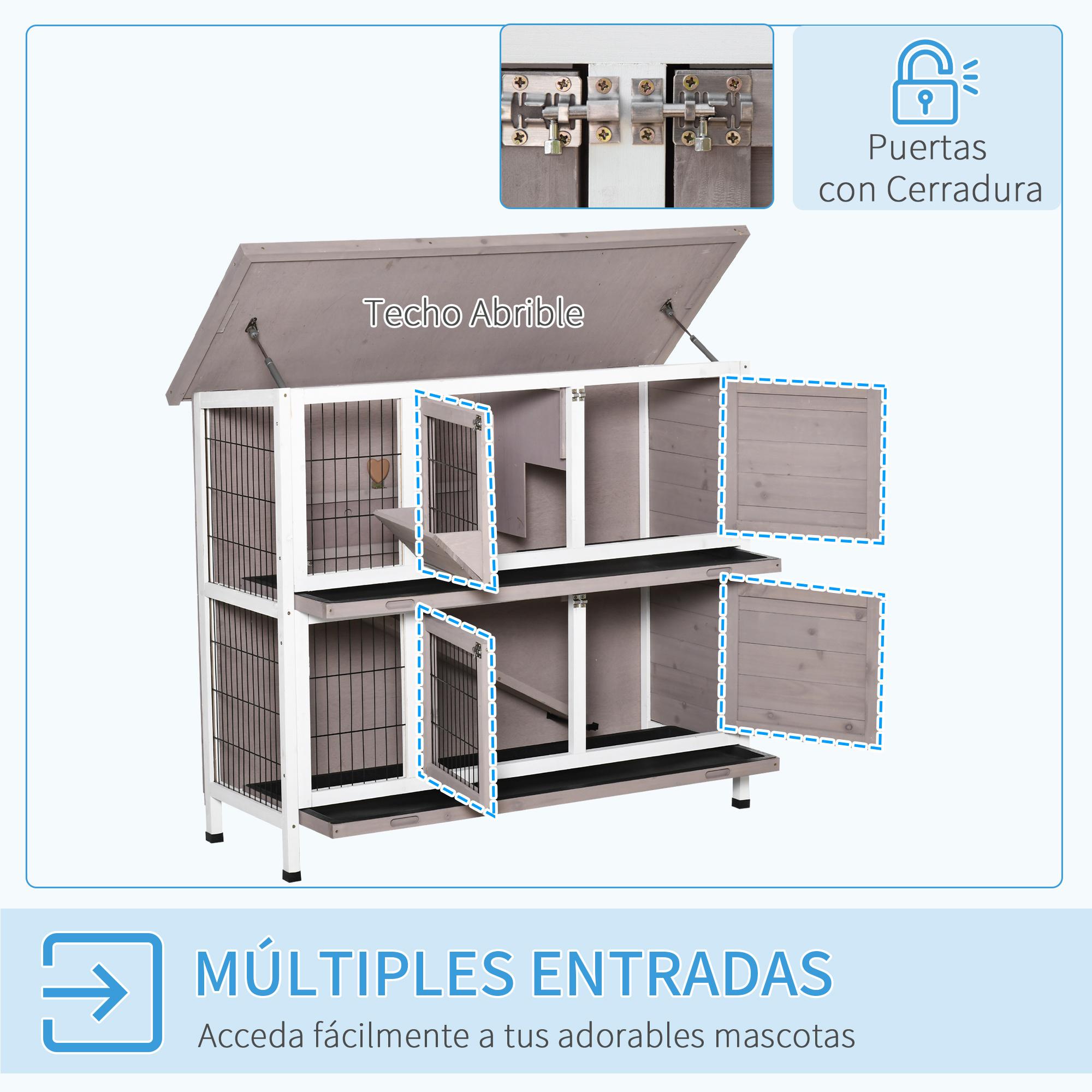 Conejera de Madera Exterior 2 Niveles con Techo Abrible y Comedero 122x50x101 cm