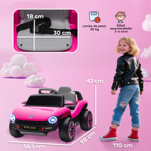 Coche Eléctrico para Niños de +3 Años, Volkswagen E-Buggy, Coche de Batería 12V, con Mando a Distancia 2,4 G, Ruedas con Suspensión, Faros LED, Música, USB, Motor Doble, Rosa