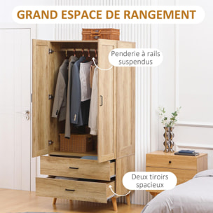 Armoire de rangement design scandinave - armoire de chambre - placard 2 portes avec penderie - 2 tiroirs - aspect chêne clair