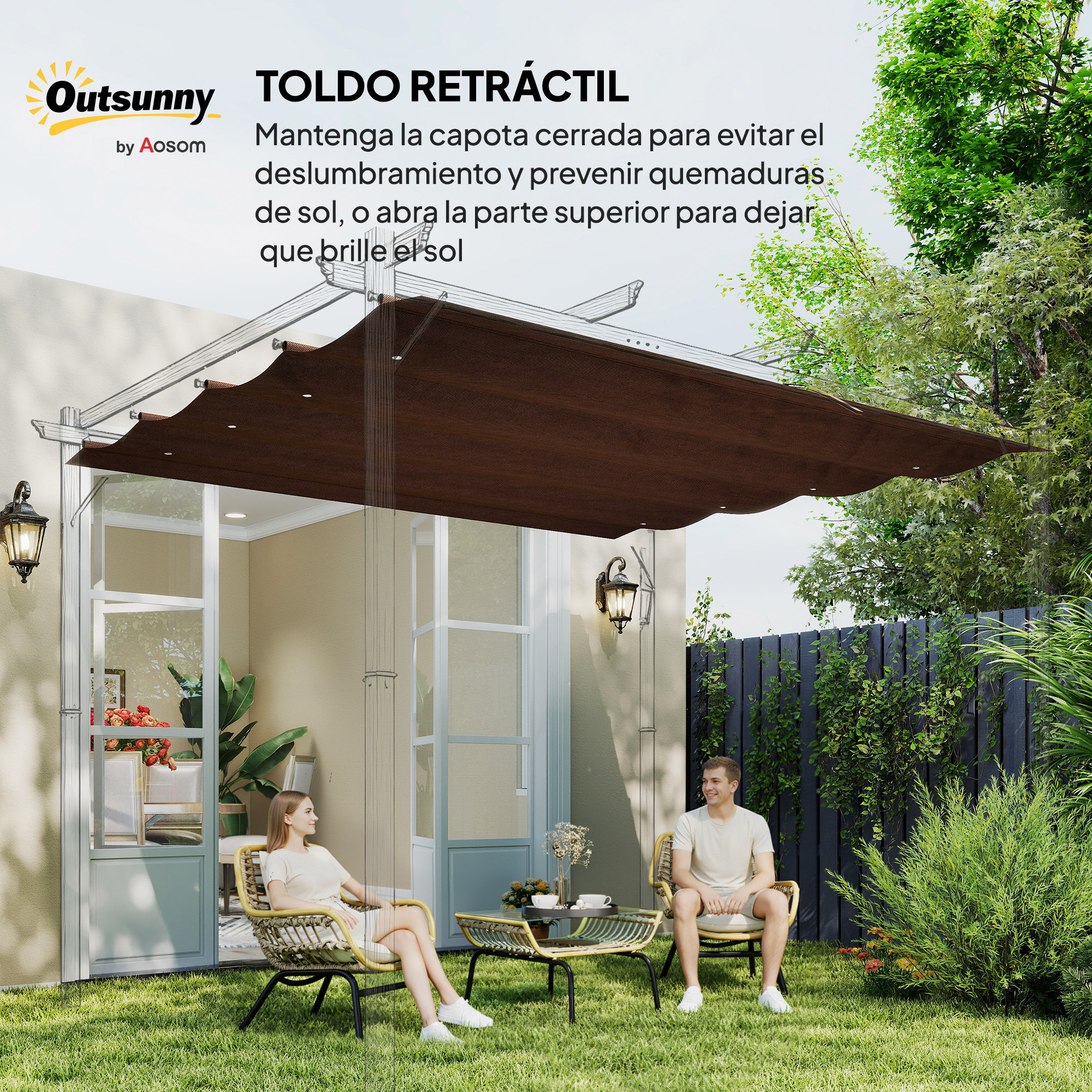 Techo de Pérgola 3x2,5 m, Techo de Repuesto Retráctil para Marco de Pérgola de 3x2 m, UV30+, Toldo de Tela Solo para Cenador Jardín con 8 Orificios de Drenaje, Café