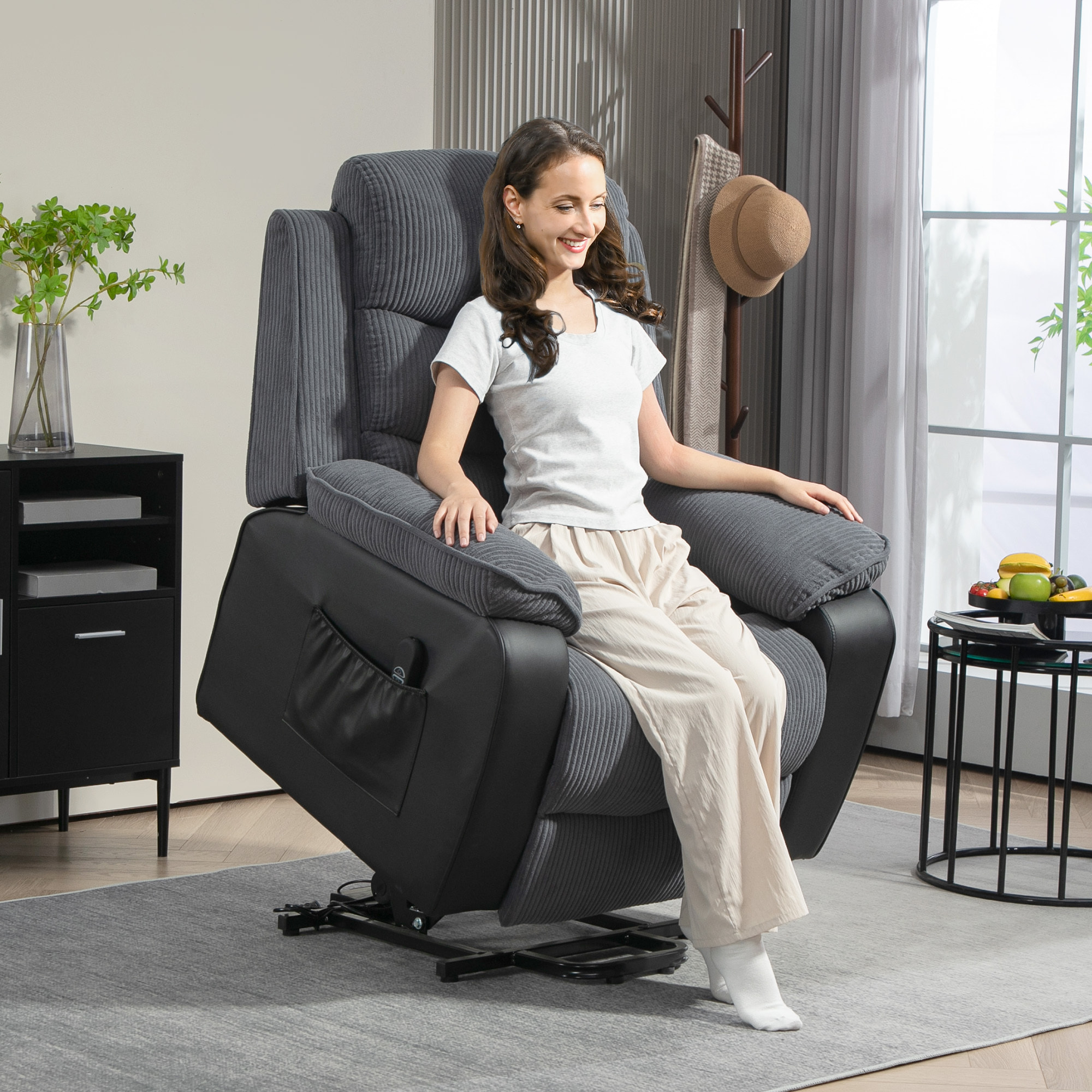 Sillón Relax Reclinable Eléctrico Levanta Personas, Sillón Elevador, con Puerto USB, Control Remoto, Reposapiés, Tapizado en Pana, Bolsillos Laterales, Gris Oscuro