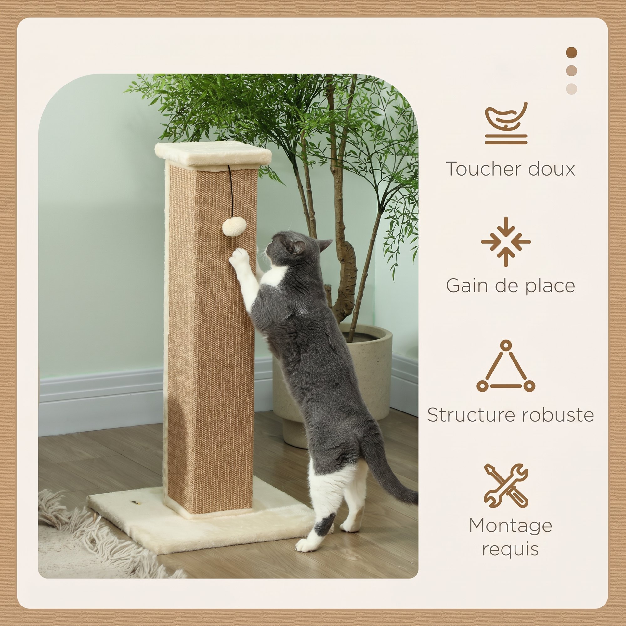 Griffoir tour pour chat H.81 cm - poteau à griffer avec jeu balle suspendue - peluche beige sisal naturel