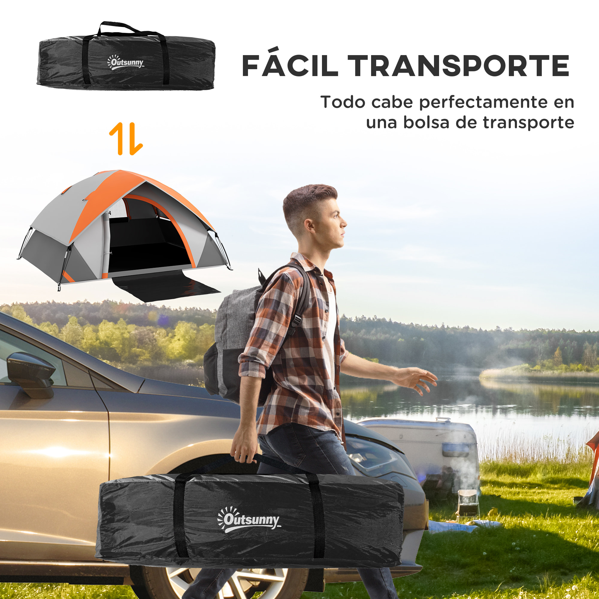 Tienda de Campaña para 2 Personas Tienda de Camping Plegable Ligera Impermeable 3000 mm con Puerta Ventana Gancho y Bolsa de Transporte 210x150x110 cm Gris y Naranja