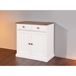 Credenza a due ante e due cassetti, colore bianco e marrone, cm 90 x 86 x 45.