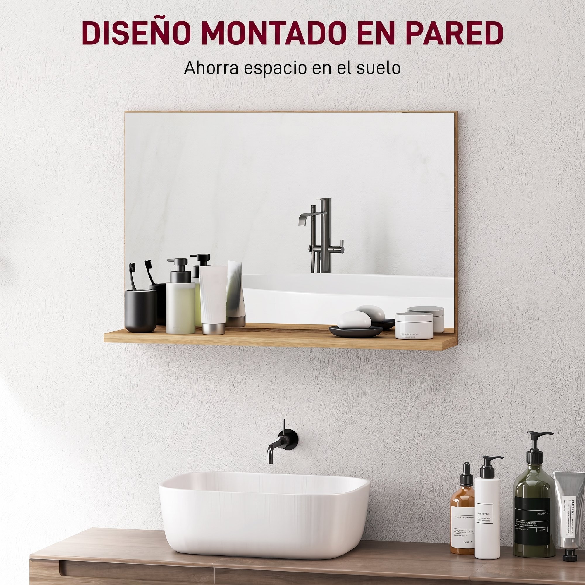 Espejo de Baño con Estante Abierto, Espejo de Pared, Estilo Moderno, para Entrada, Pasillo, 60x12x40 cm, Madera Natural