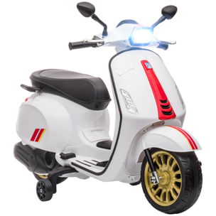 Scooter électrique enfant Vespa 6V - musiques, feu AV, entrée USB, radio FM - 2 roues support aux. - blanc