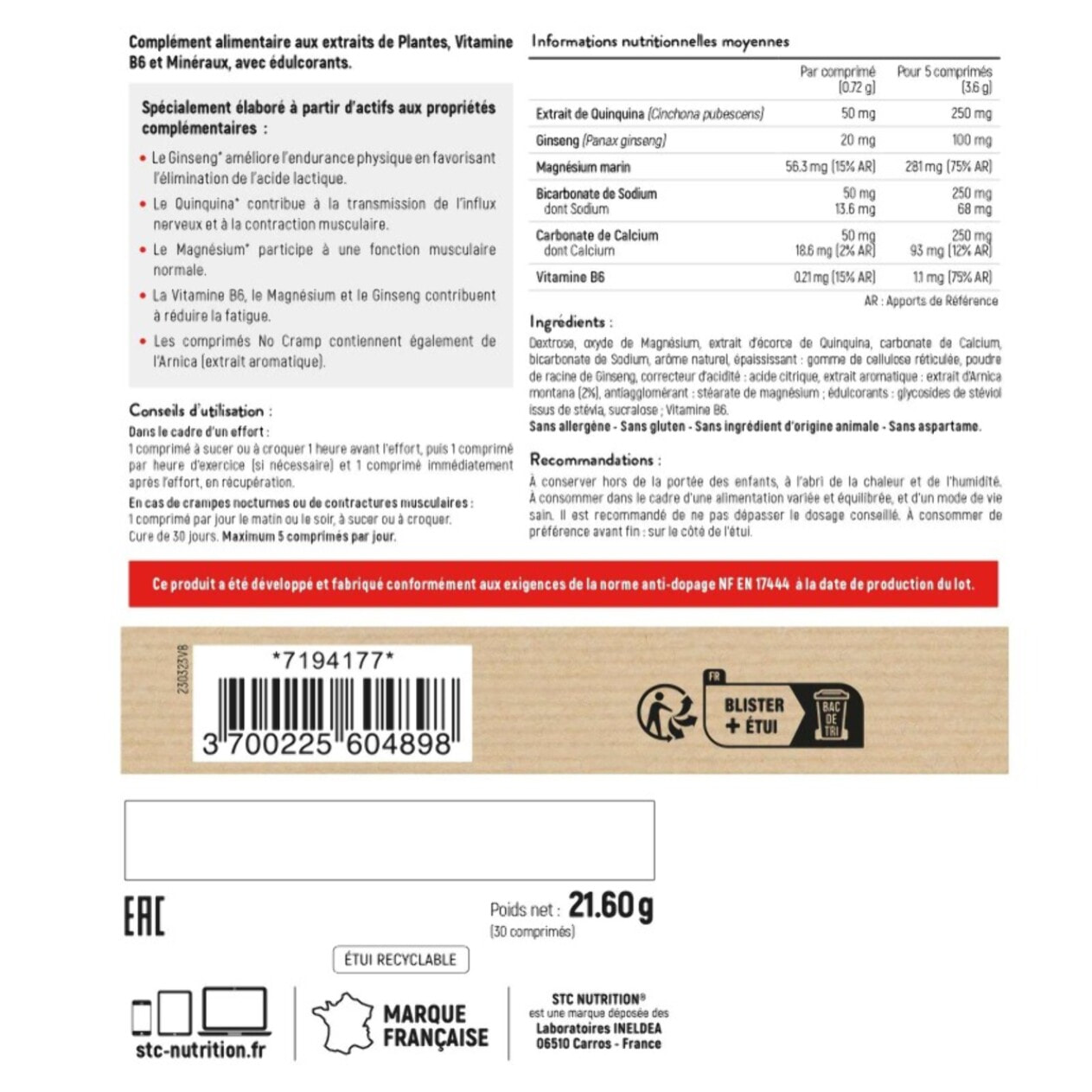 STC NUTRITION - No Cramp - Favorise la contraction musculaire - Anti-crampes & anti-acide lactique - Aide à lutter contre la fatigue - Sans Gluten - Marque Française - Cure 30 jours