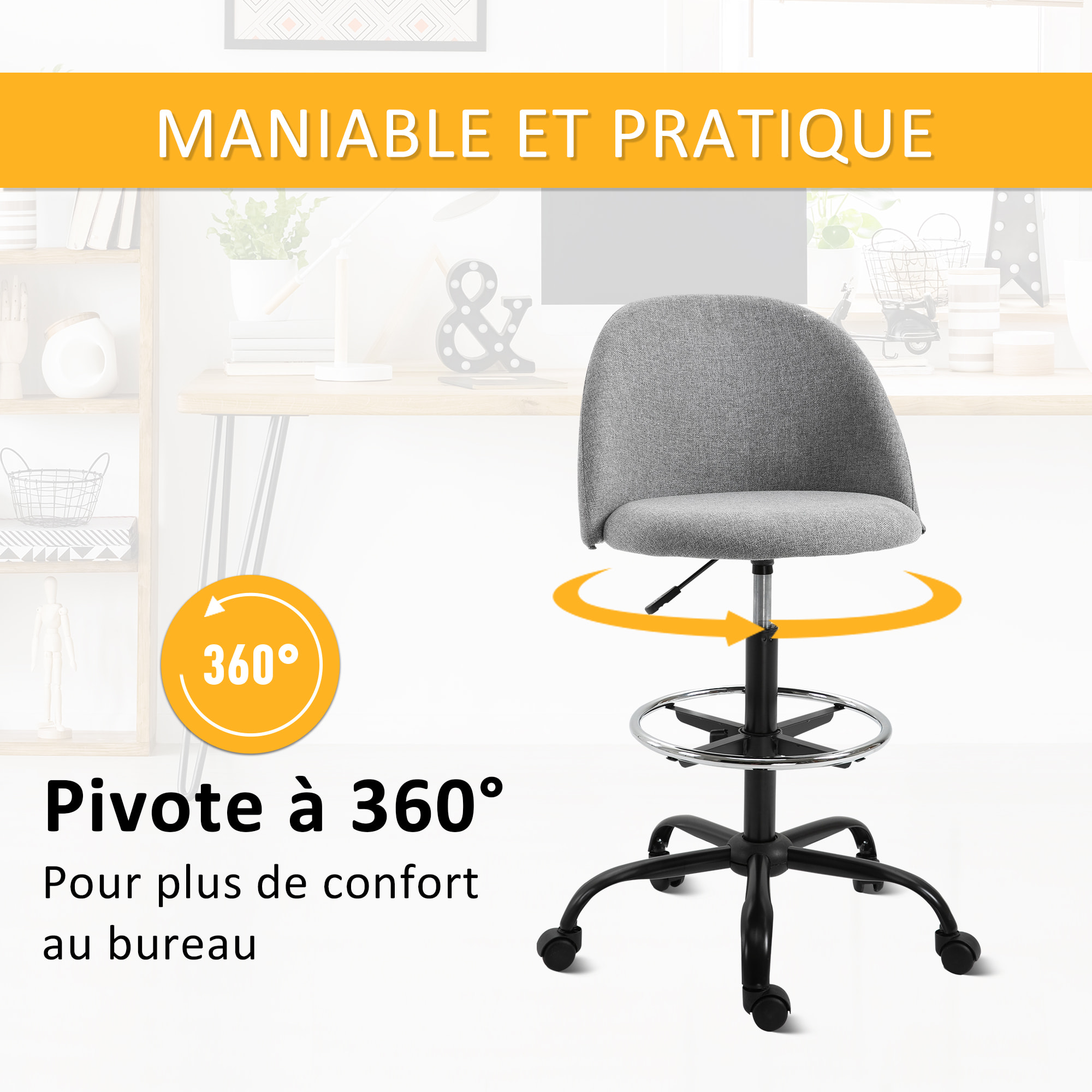 Vinsetto Chaise de bureau assise haute réglable 103-123H cm pivotant 360° lin gris