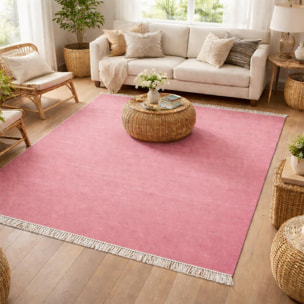 Tapis Kilim tissé à la main en laine uni rose