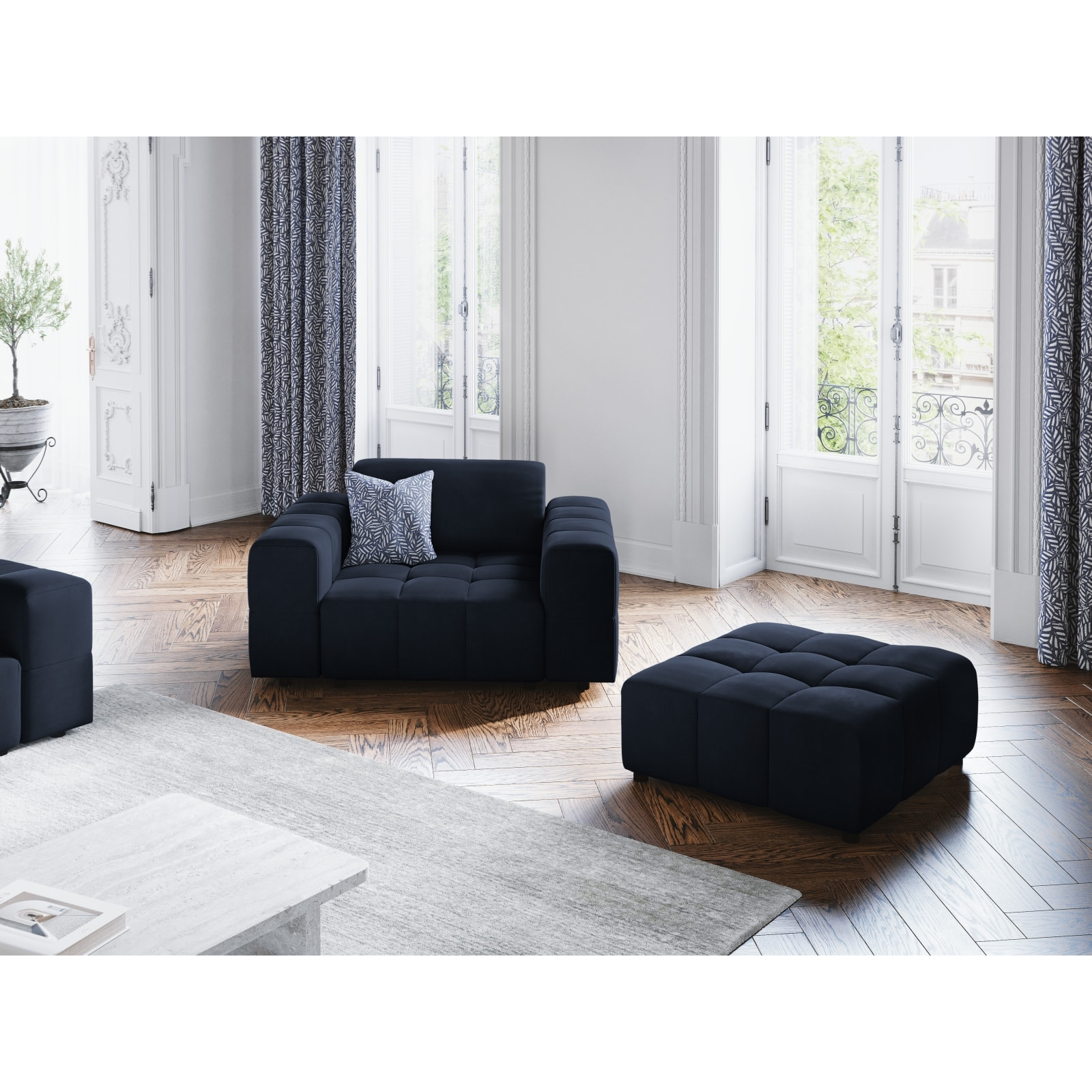 Fauteuil "Luc" en velours bleu foncé